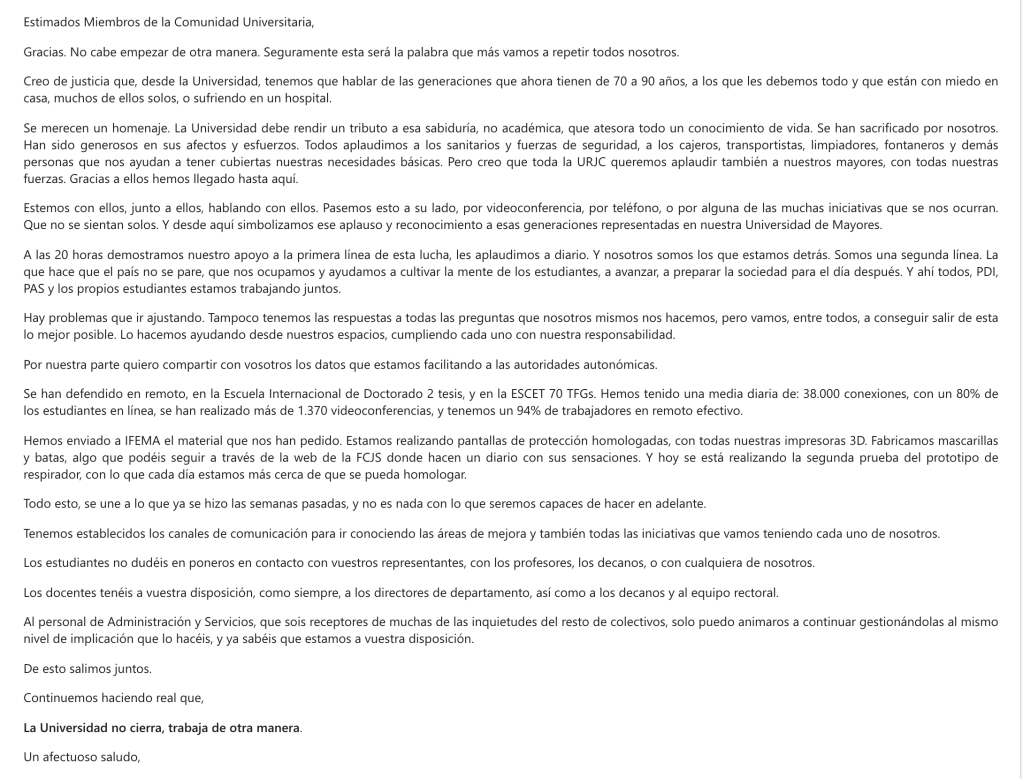 Comunidad institucional de Javier Ramos sobre la crisis del Coronavirus