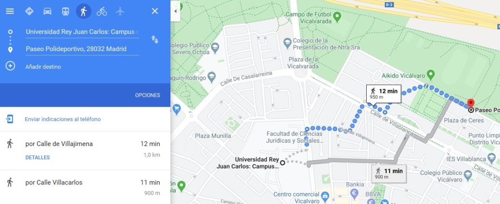 Distancia de la universidad Rey Juan Carlos - Vicálvaro al polideportivo de Vicálvaro